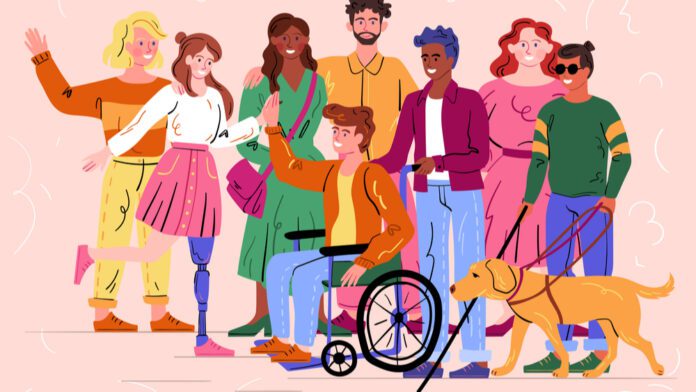 graphic of diverse group of people, including an amputee, wheelchair user and blond person with a service dog