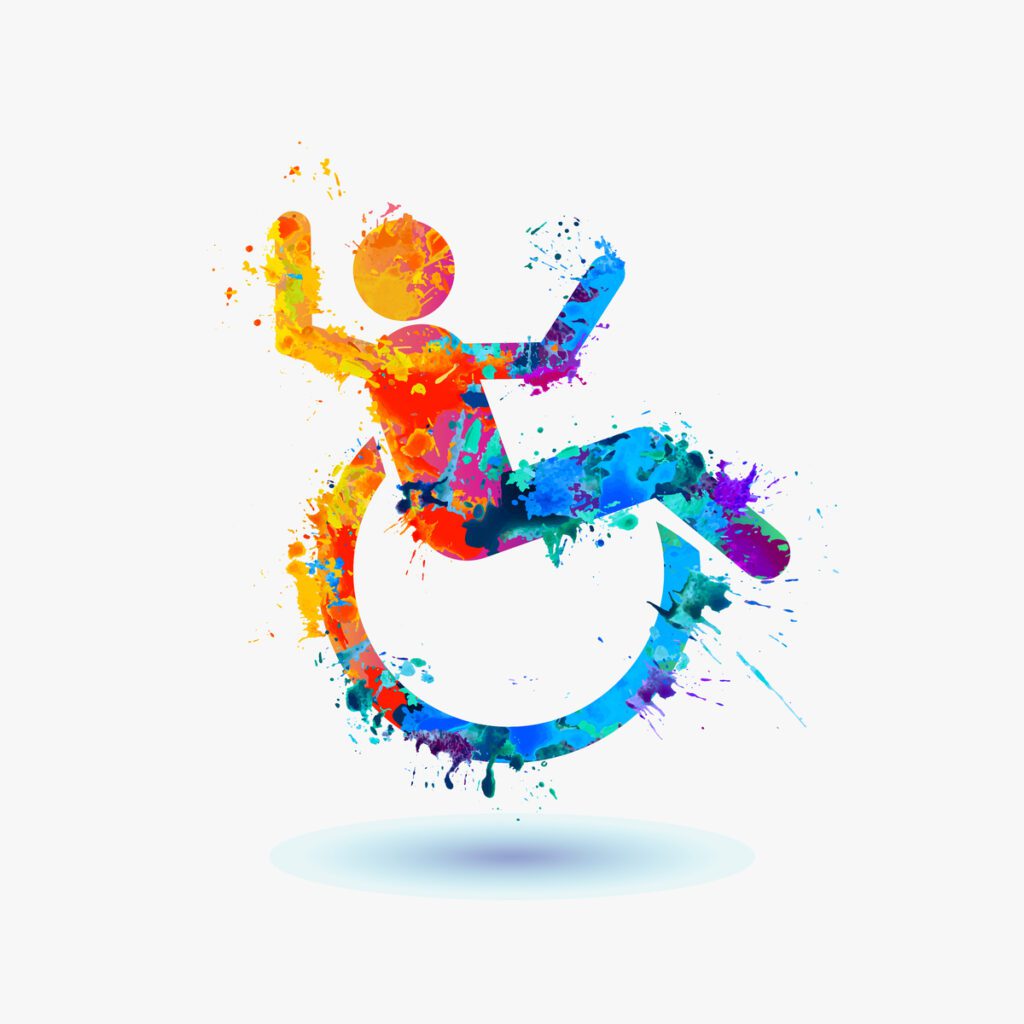 watercolor graphic of wheelchair user ADA symbol. July is disability pride month