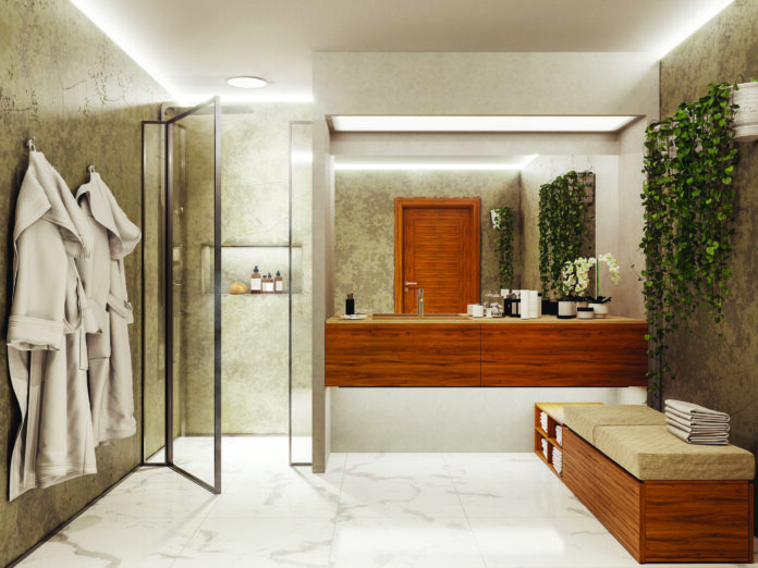 A remodeled bathroom inclusive on universal design elements.