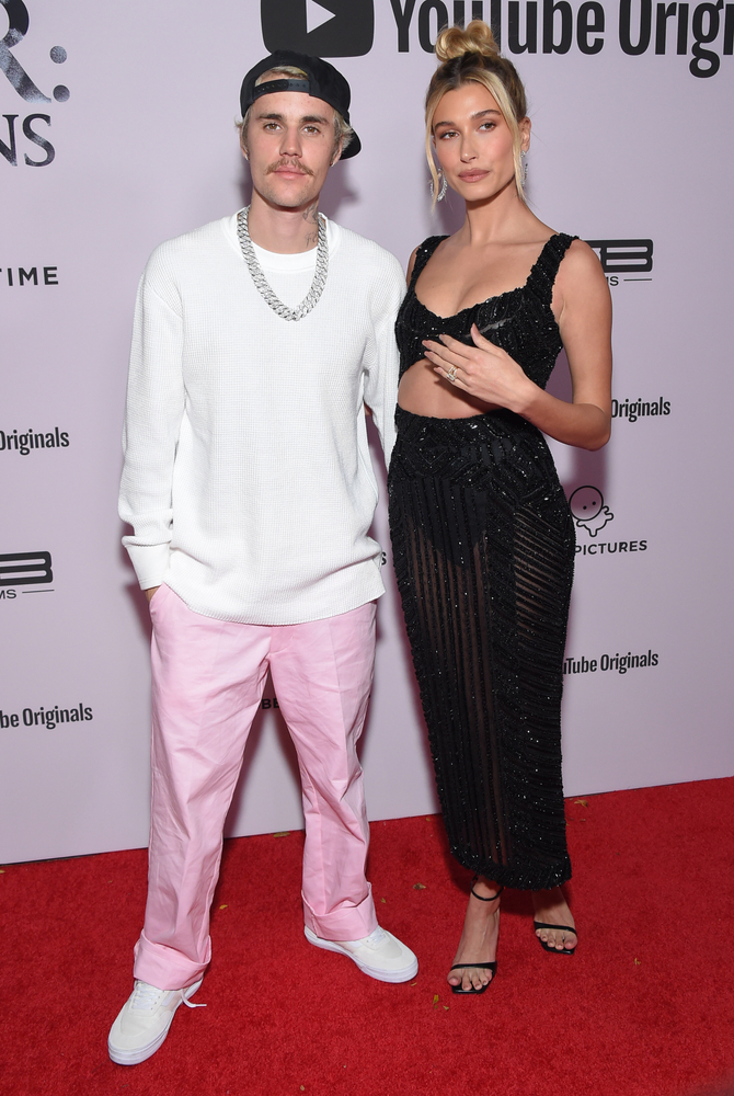 Justin Bieber and Hailey Bieber pose on red carpet