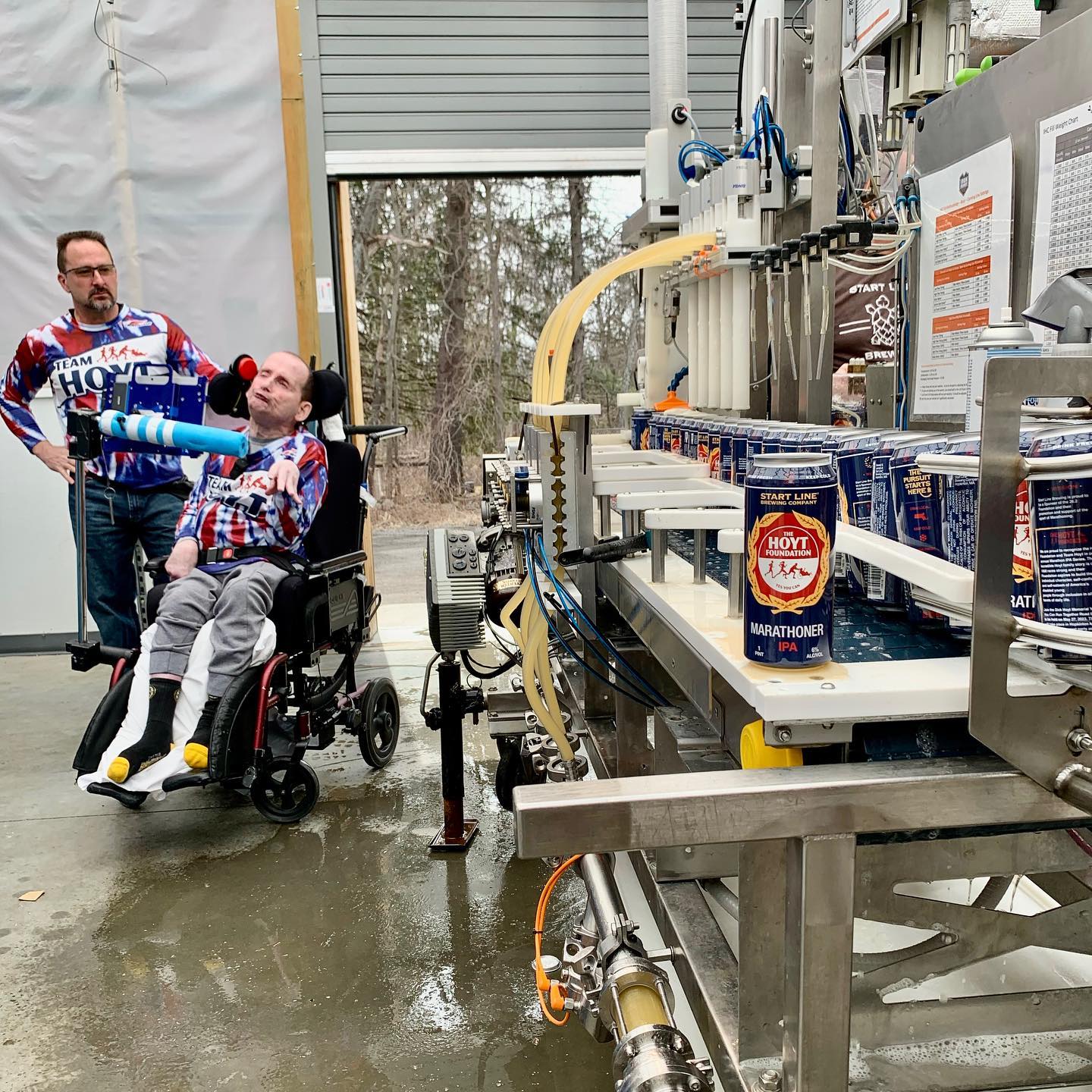 Hoyt family members help package Team Hoyt Marathoner IPA at Start Line Brewing Company 